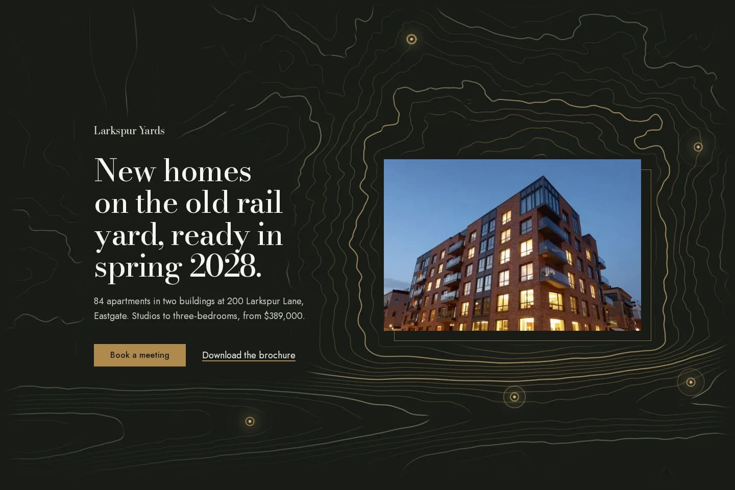 Larkspur Yards hero: headline beside a brick apartment building framed by brass contour lines on a dark field