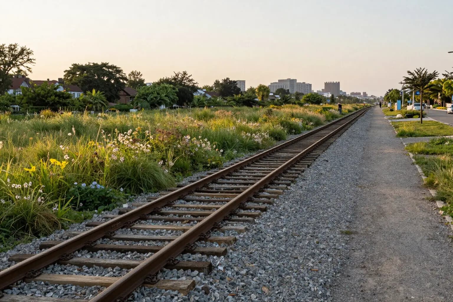 A gravel path and old rail tracks running through wildflowers and tall grass in a linear park at sunset