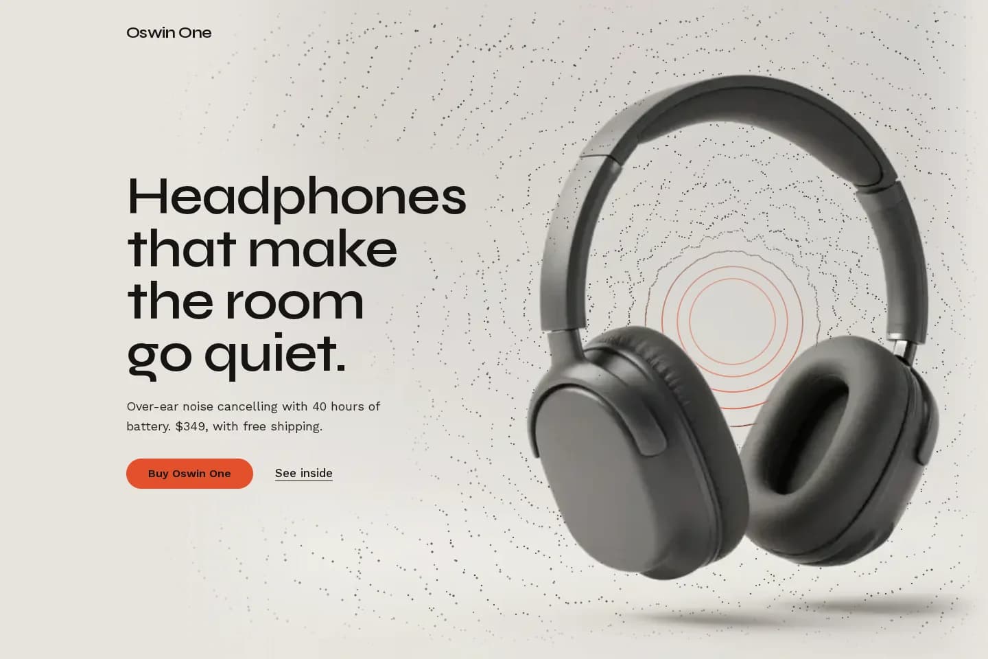 Oswin One hero: headline beside graphite headphones ringed by dotted sound waves