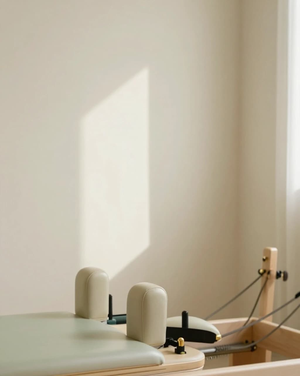 Soft light on a cream wall above the padded headrests and cables of a reformer