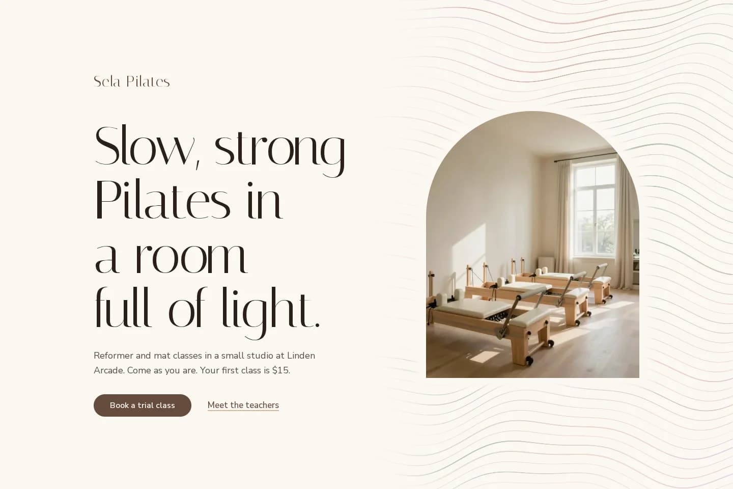 Sela Pilates hero: headline beside an arched photo of reformers, with fine wavy strands behind