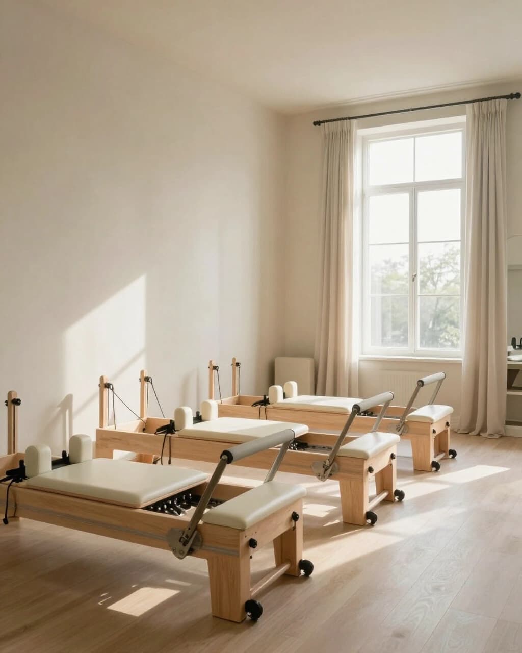 Three pale oak reformers in a sunlit studio with cream walls and a tall window with linen curtains