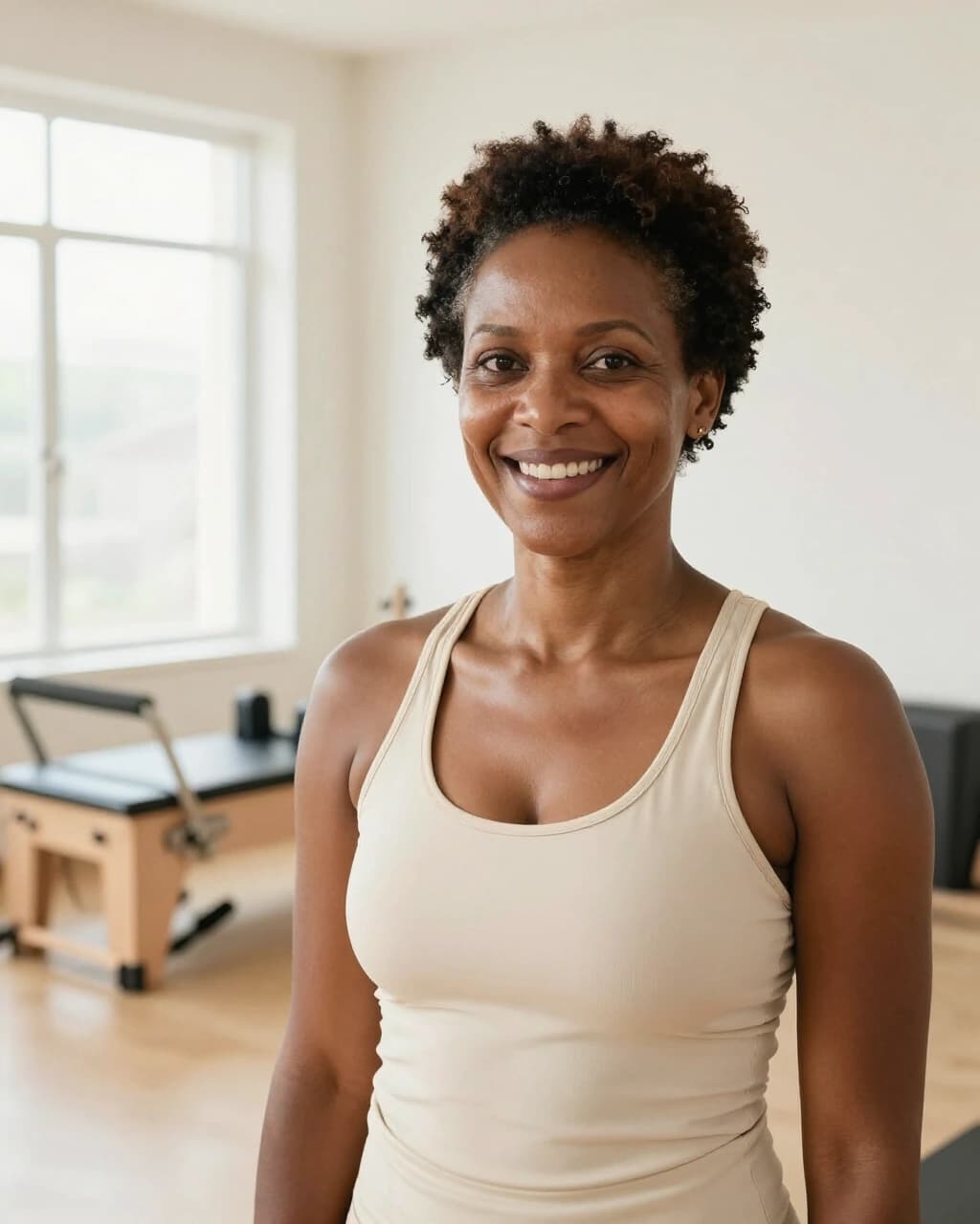 Maya Okafor, founder and reformer teacher, smiling in the bright studio