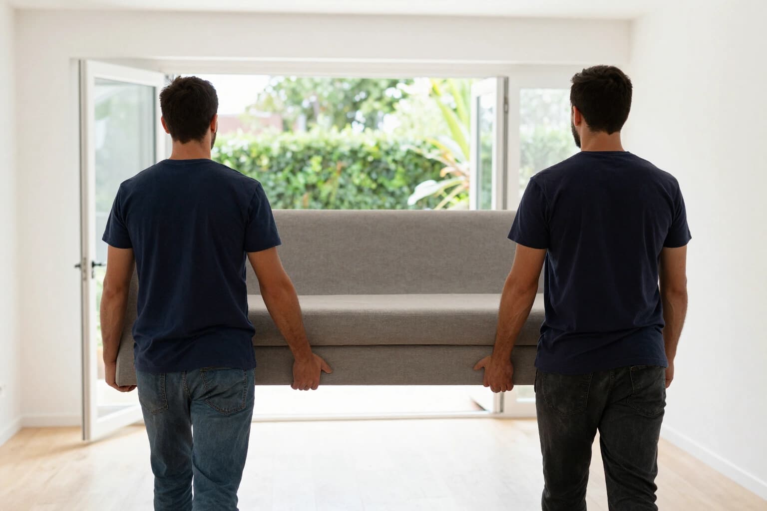 Two movers in navy t-shirts, seen from behind, carry a sofa across a bright empty room toward an open garden door
