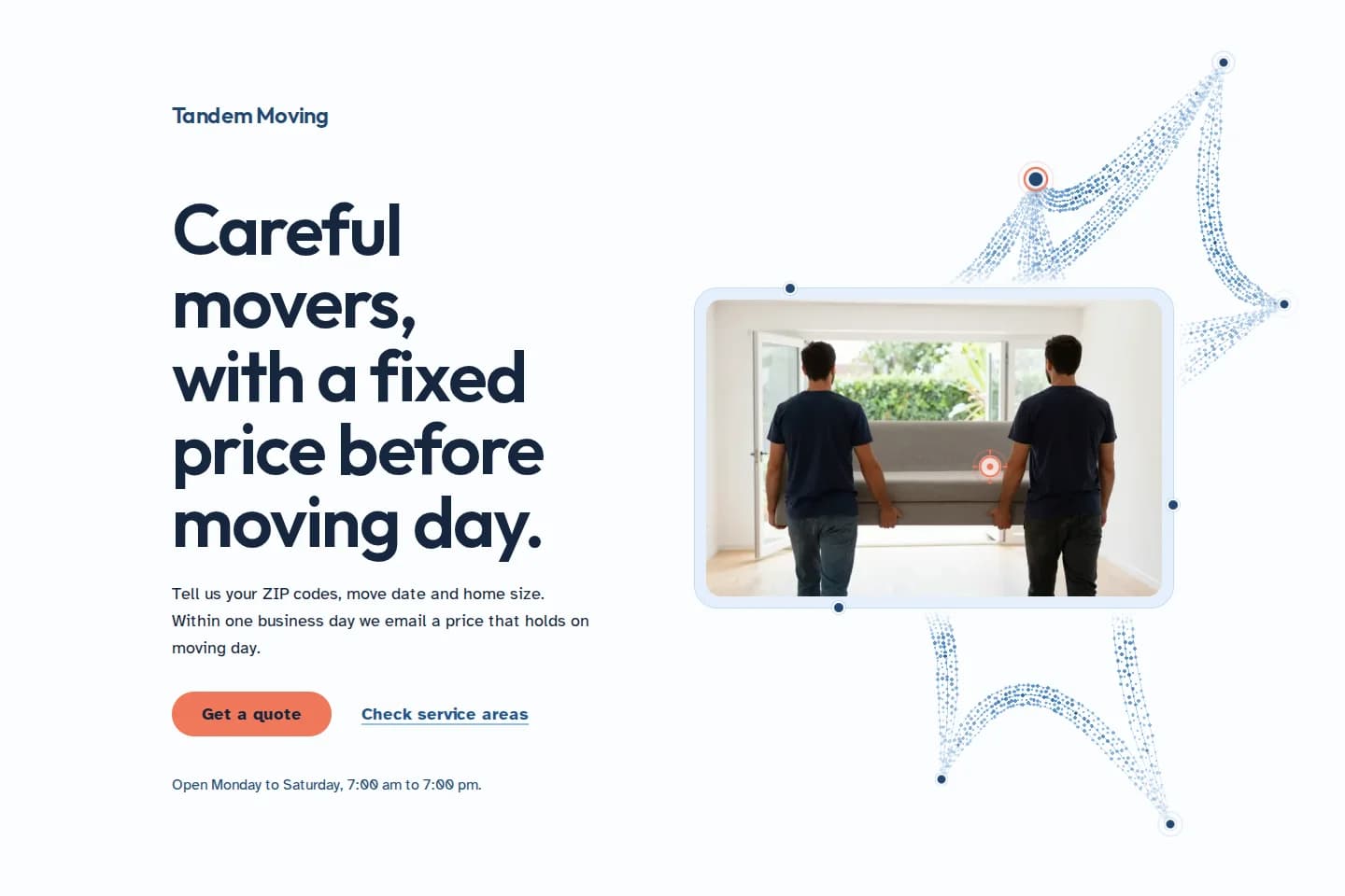 Tandem Moving hero: headline beside two movers carrying a sofa, with curved dotted routes around the photo
