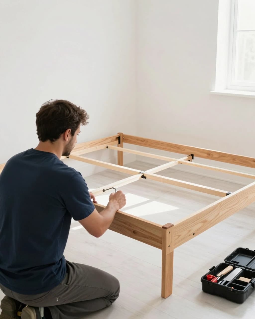 A mover in a navy t-shirt kneels in a sunlit bedroom, tightening a light wooden bed frame with a hex key