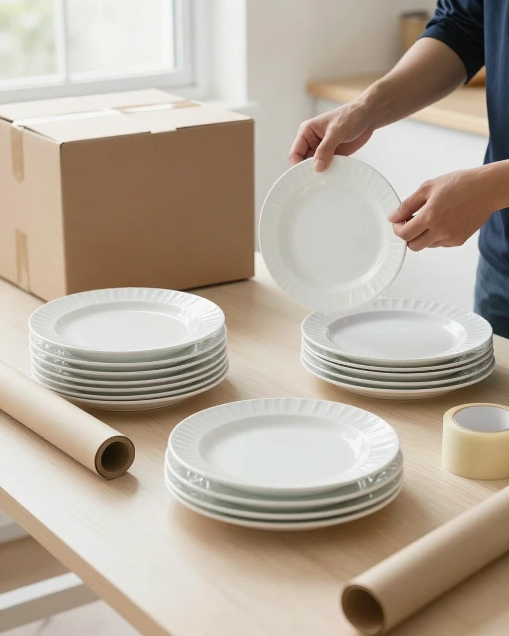 Stacks of white plates on a light wooden table beside a taped box and rolls of kraft paper, with a mover's hands lifting one plate