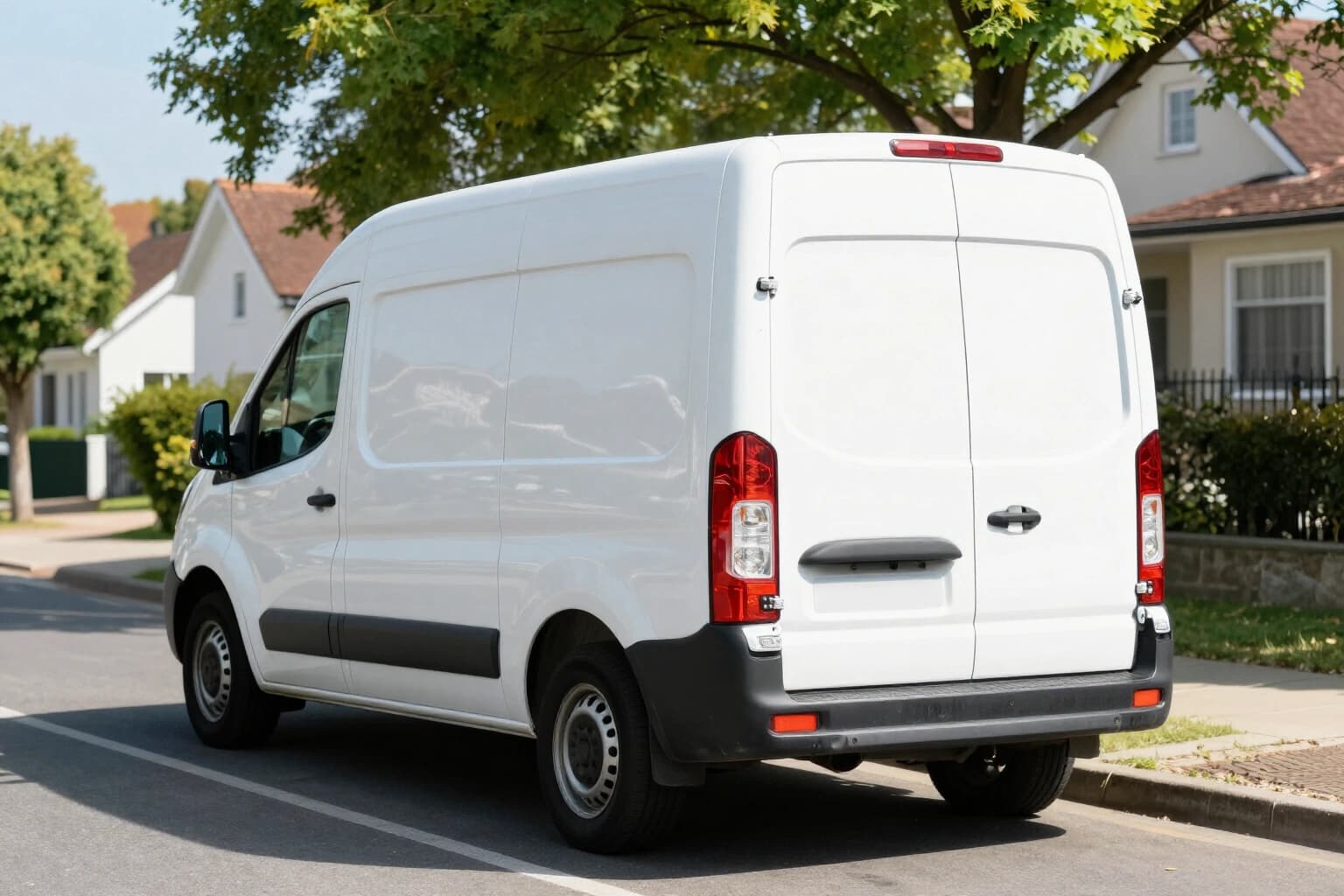 A plain white moving van parked at the curb of a leafy residential street